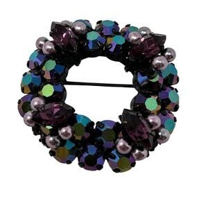 Vintage Rhinestone Circular Brooch Pin AB Crystals Multicolor Made In Austria